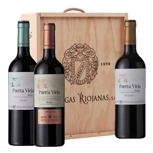 Puerta Vieja Tinto, Crianza and Reserva in a Wooden Box